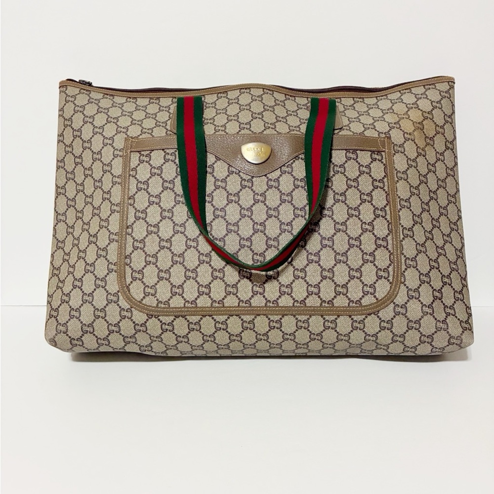 Authentic Gucci Zip Closure Canvas Large Tote Bag Handbag Shoulder Bag